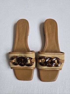 J. McLaughlin Slide Sandals Tan Leather Raffia Tortoise Look Chain Square Toe 7